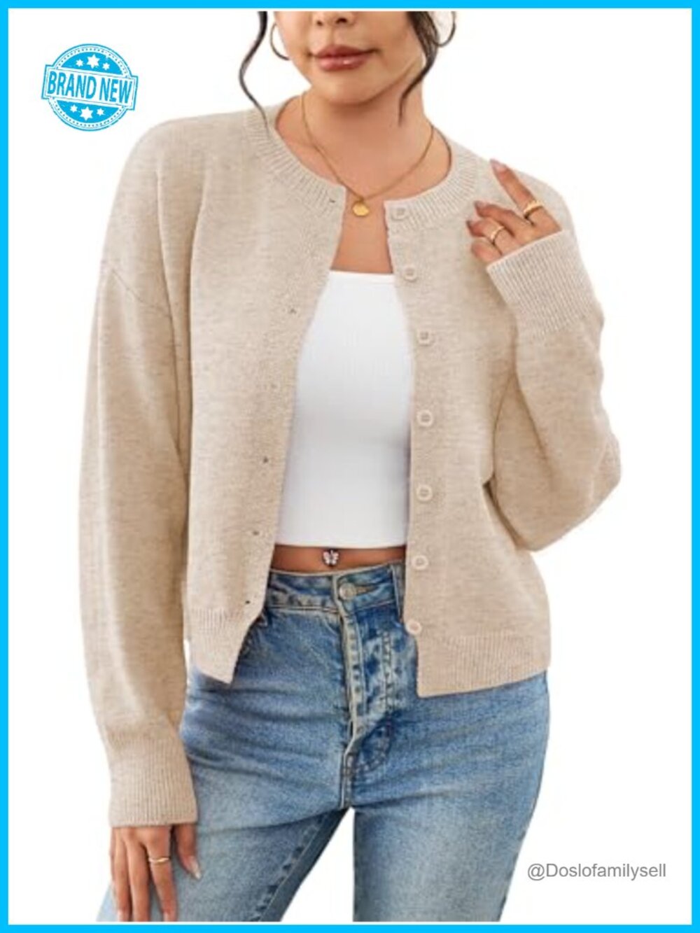 Cropped Cardigan Sweater Button Up Ribbed Knit Crew Neck Women Fall